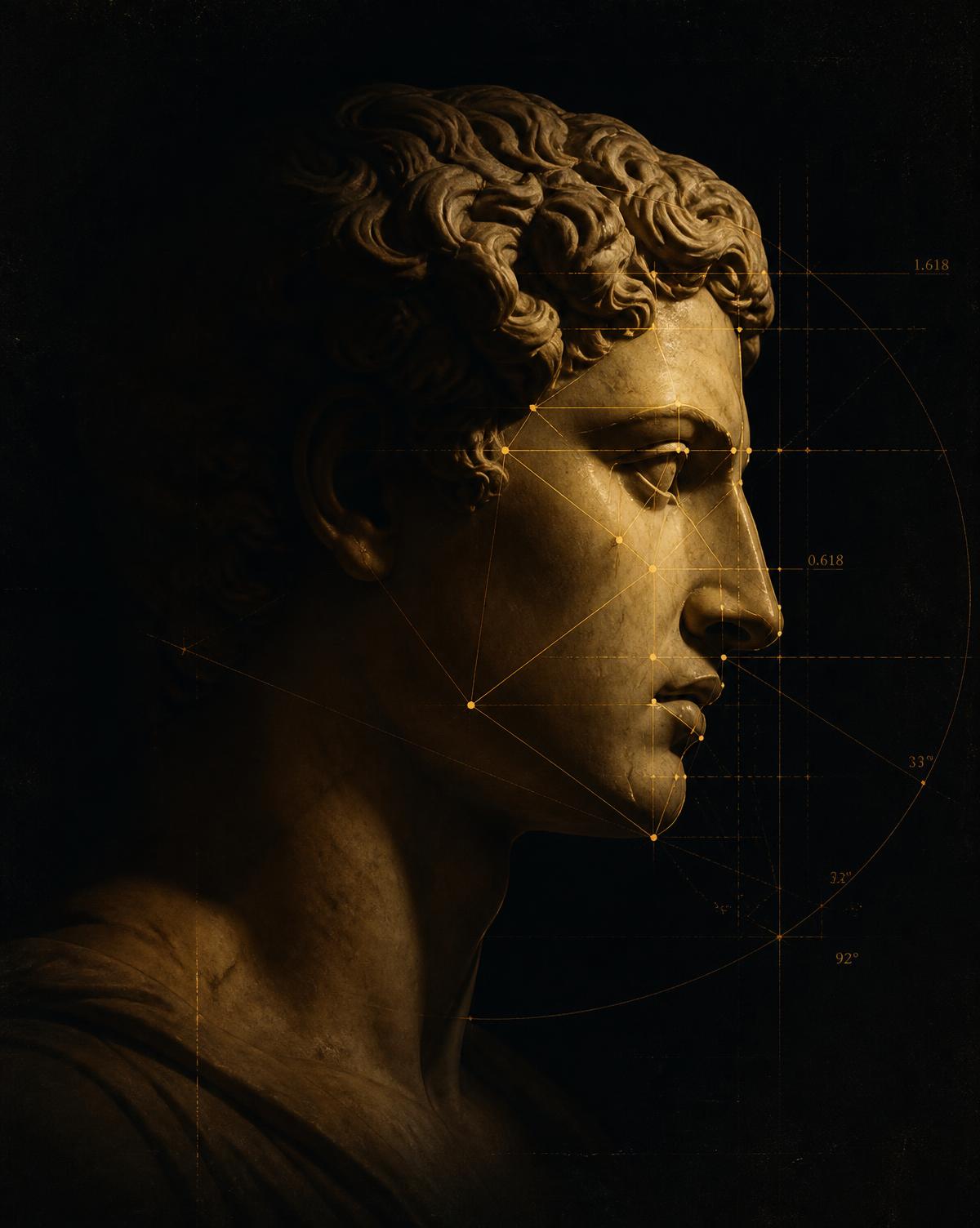 Marble bust in profile overlaid with golden facial measurement lines